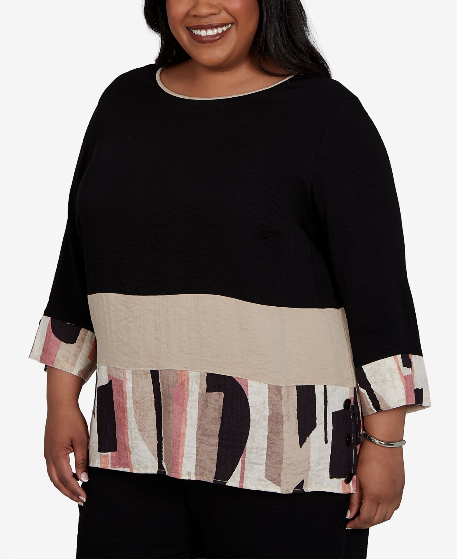Plus Size Travel Advisory Spliced Patchwork 3/4-Sleeve Blouse