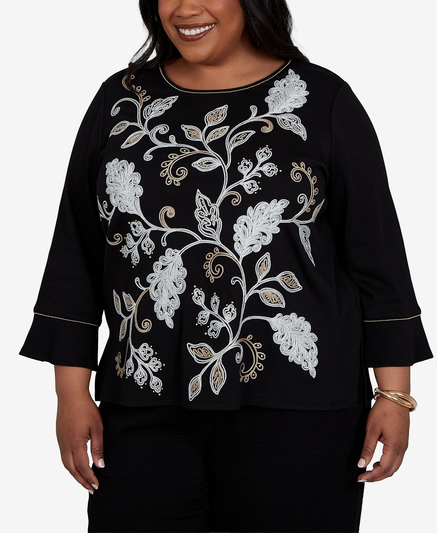 Plus Size Travel Advisory 3/4-Sleeve Crewneck Embroidered Top