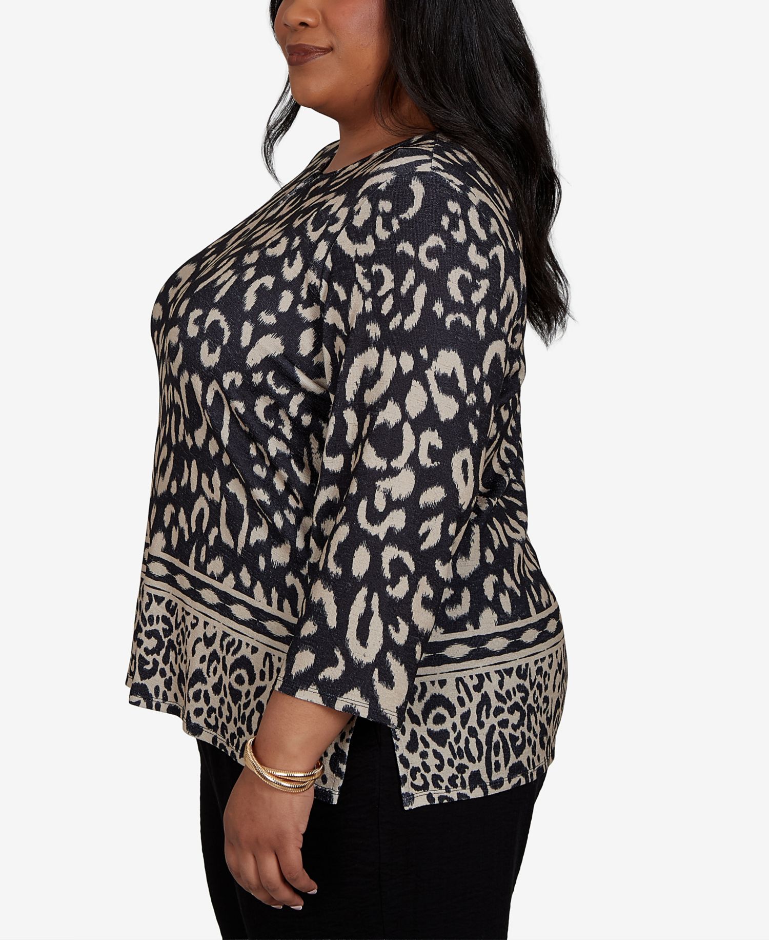 Plus Size Travel Advisory Animal-Print 3/4-Sleeve Split-Neck Top