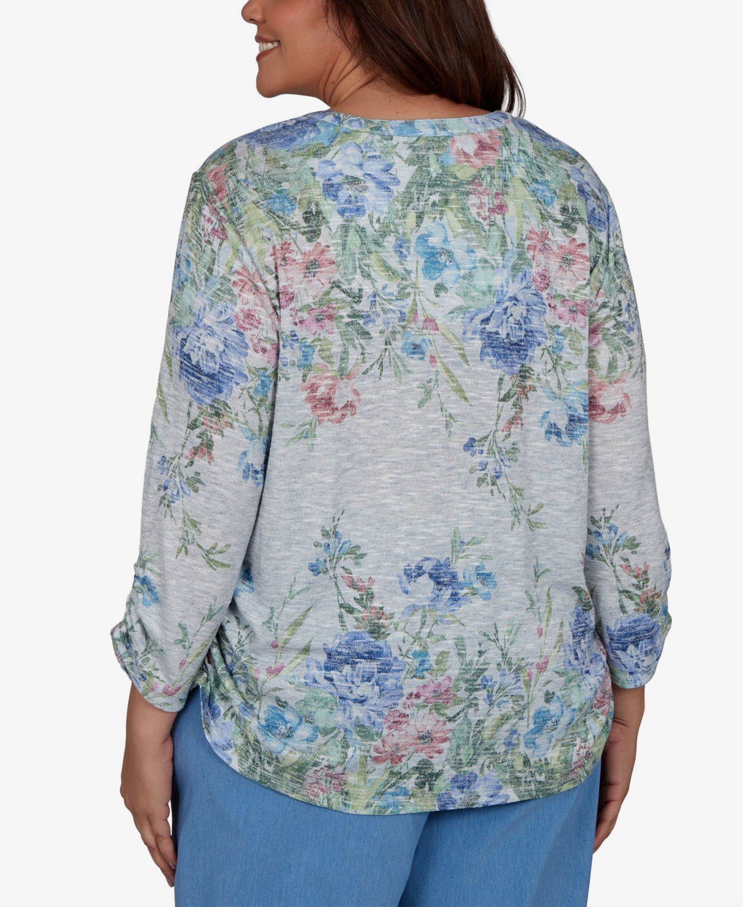 Plus Size Provence Floral Borders 3/4-Sleeve Button-Up Henley Top