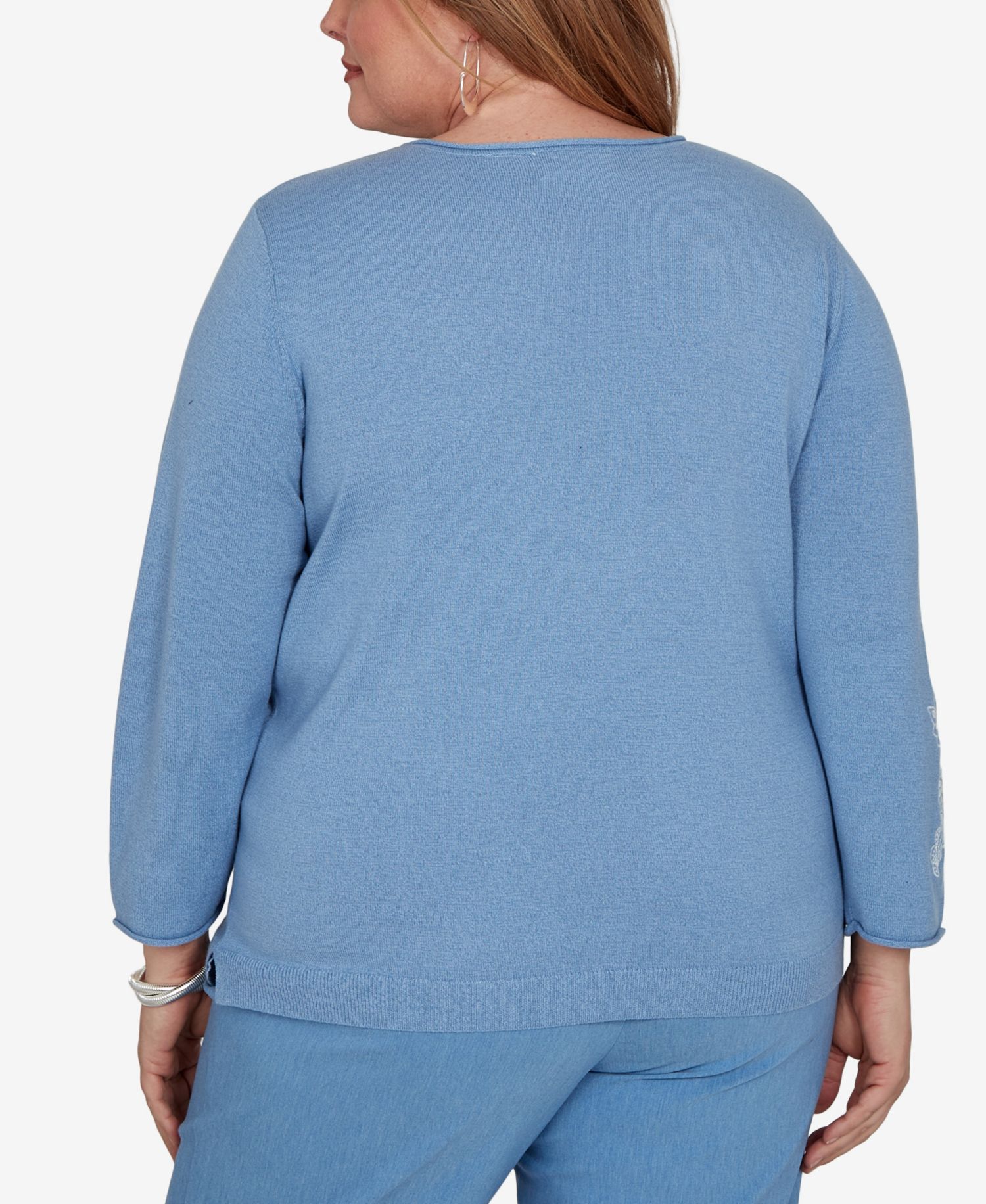 Plus Size Provence Floral-Embroidered Crewneck 3/4-Sleeve Sweater