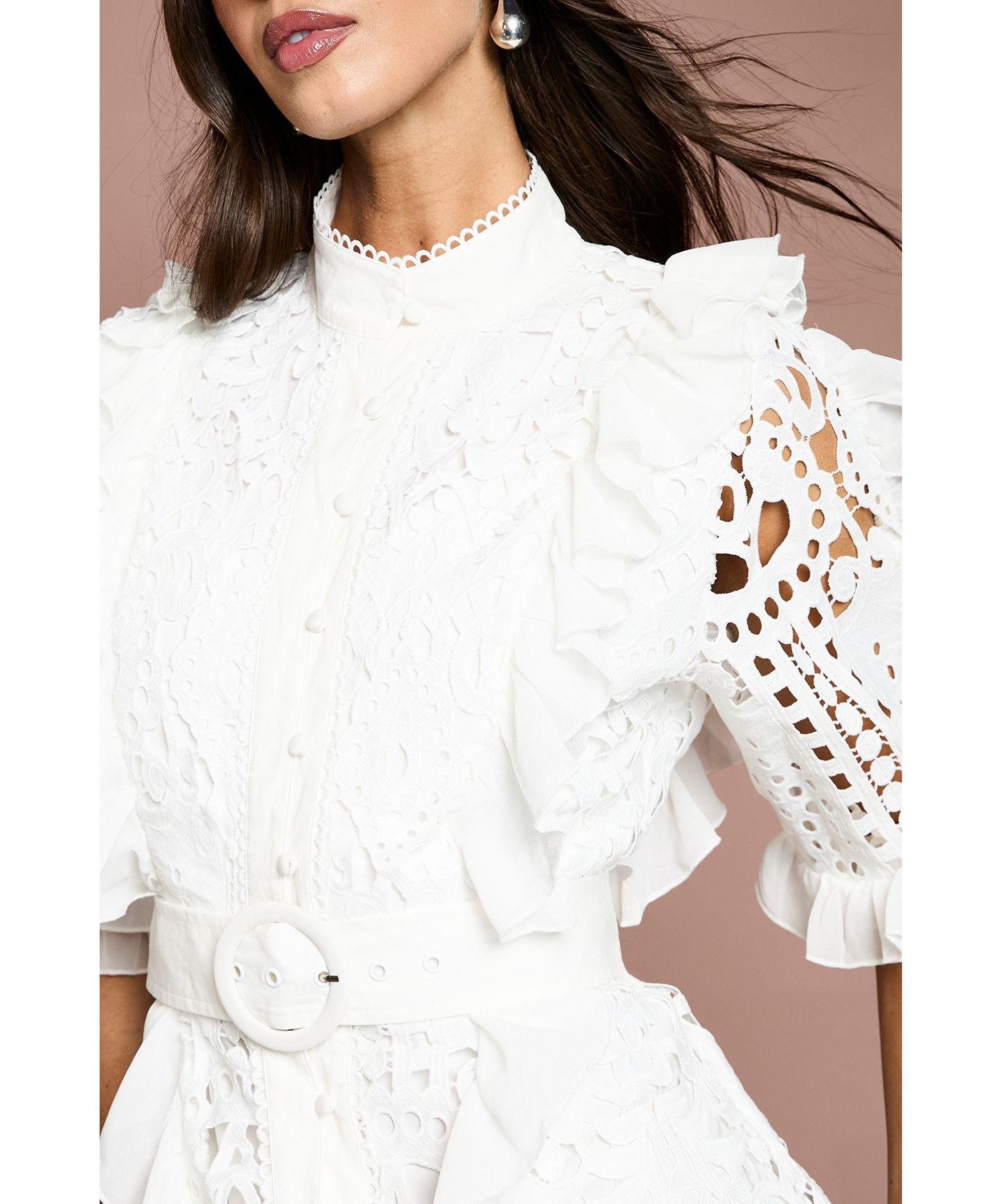 Women's Lace-Ruffle Belted Midi Dress