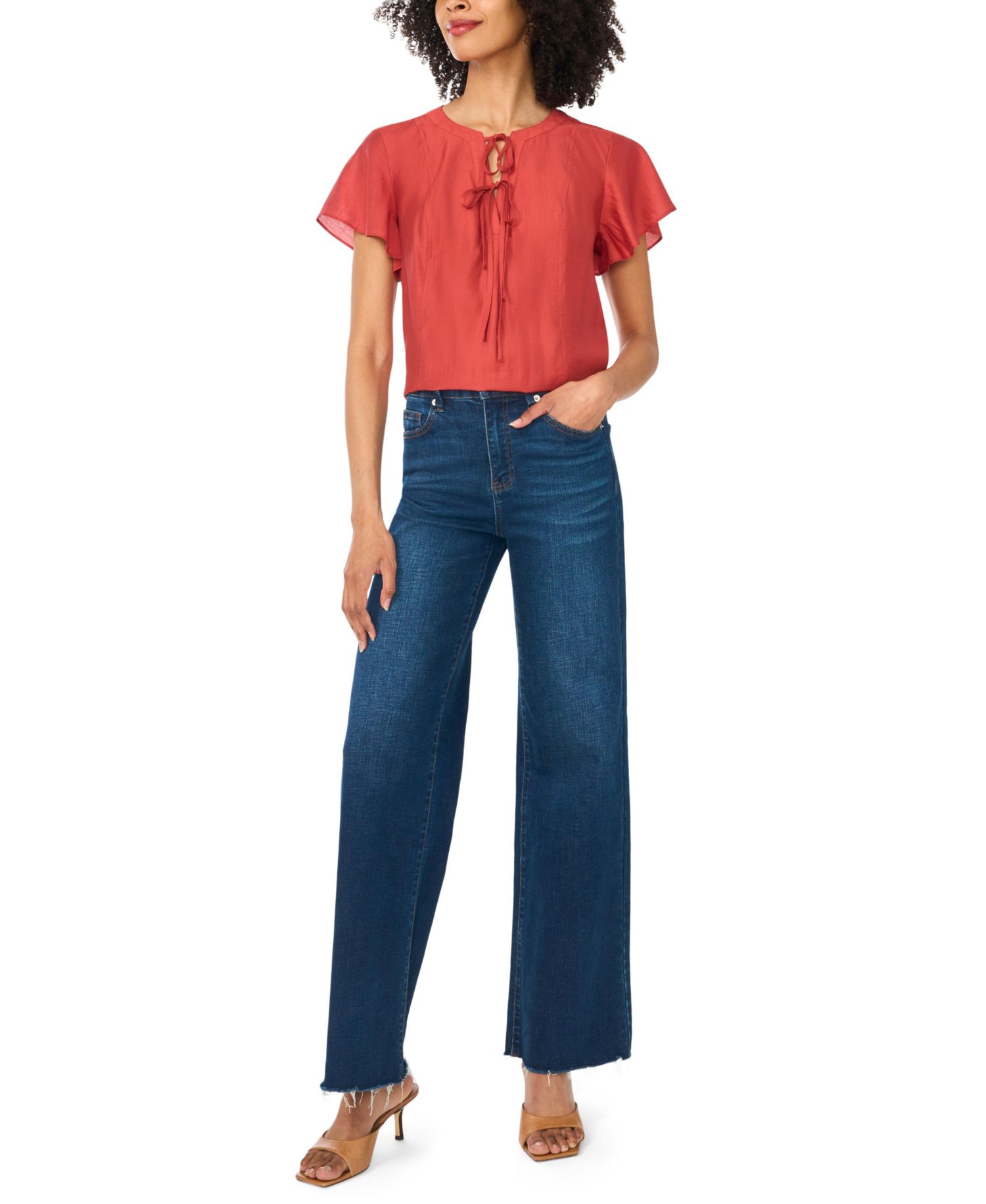 Women's Double Tie Raglan Short Flutter-Sleeve Blouse