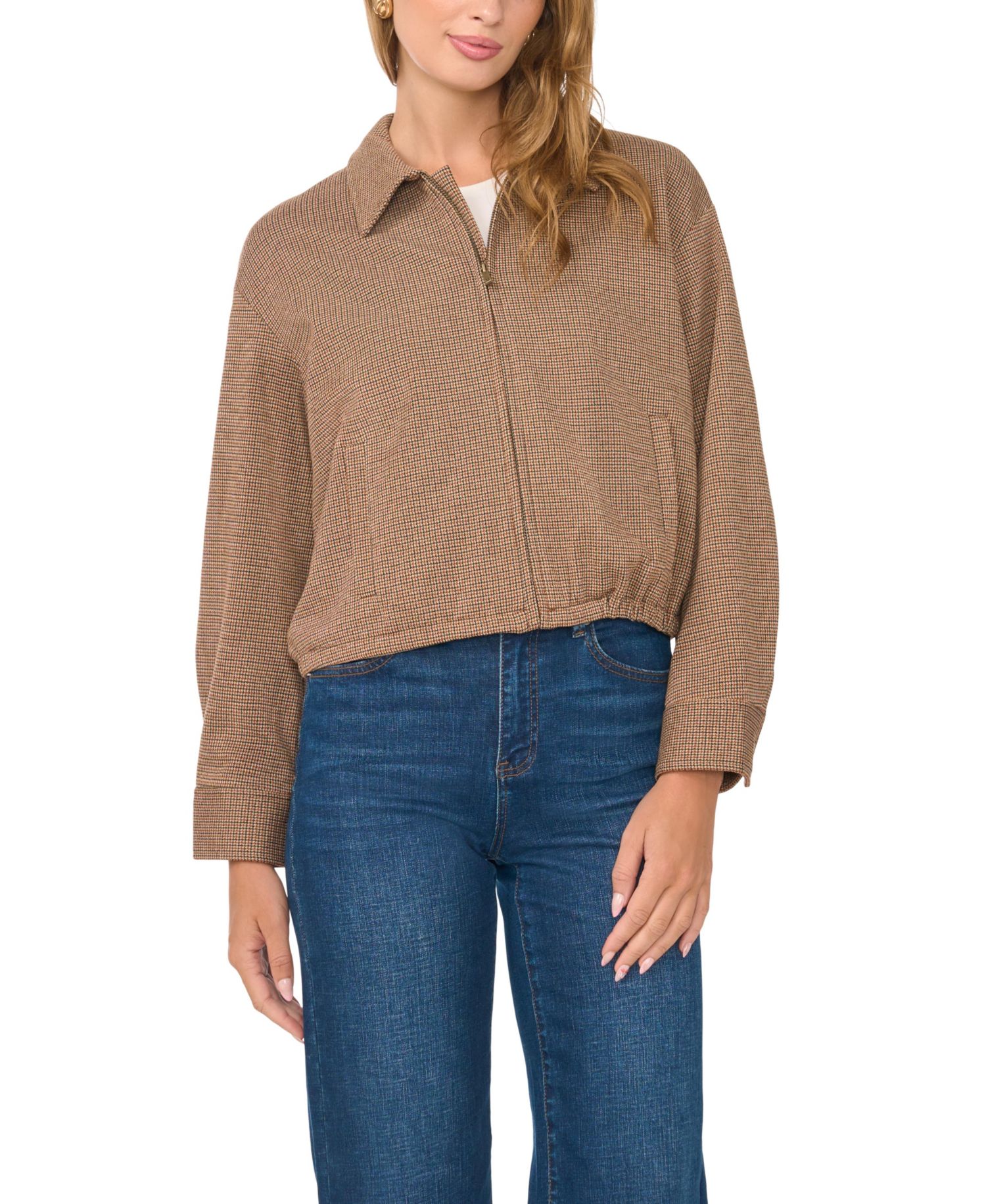 Women's Collared Bubble Front Waffle-Knit Bomber Zip Jacket