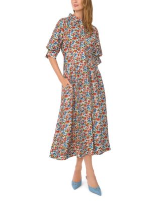 Women's Floral-Print Short-Sleeve Midi Shirt Dress