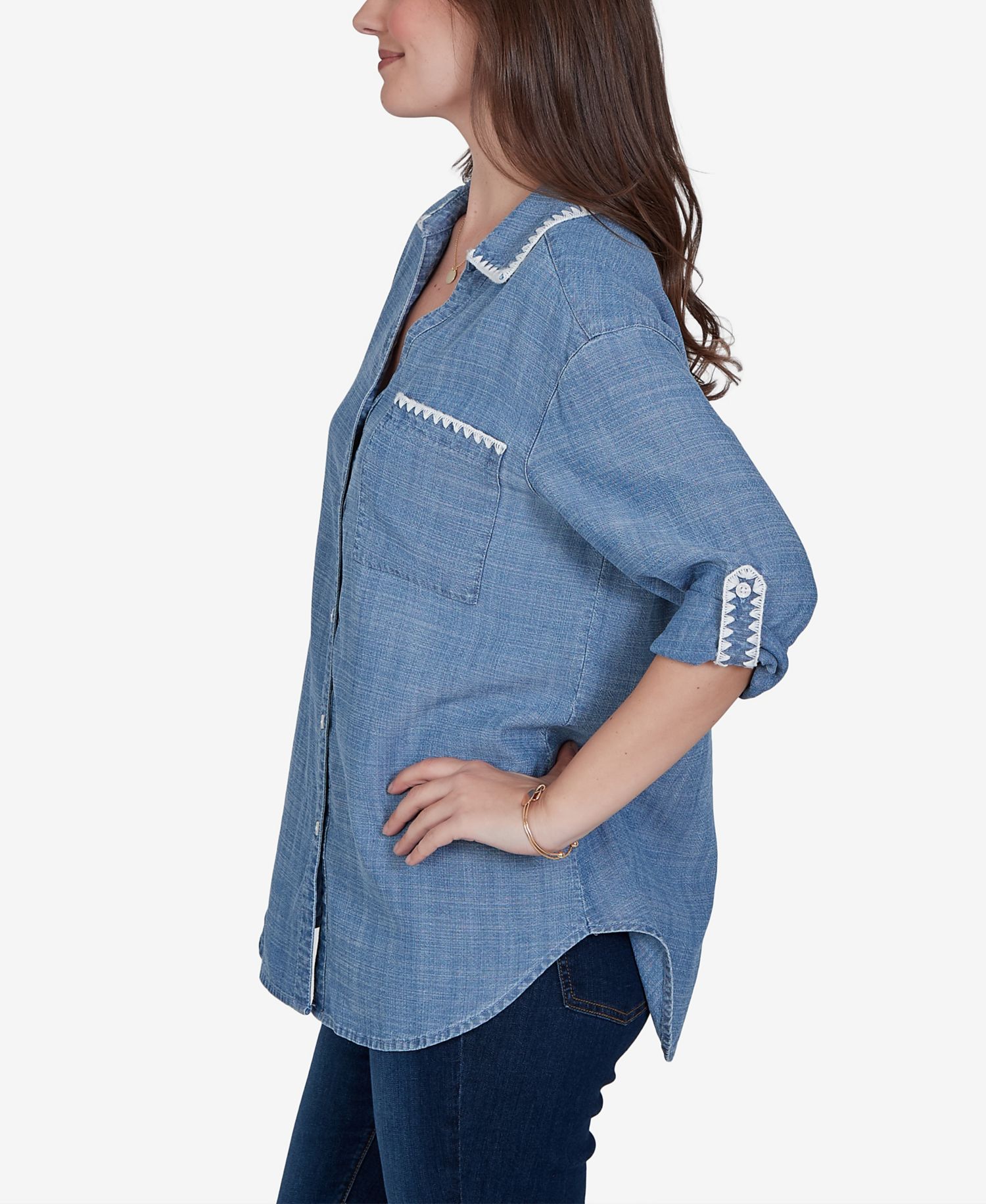 Petite 3/4-Sleeve Crochet-Trim Top with Curved Hem