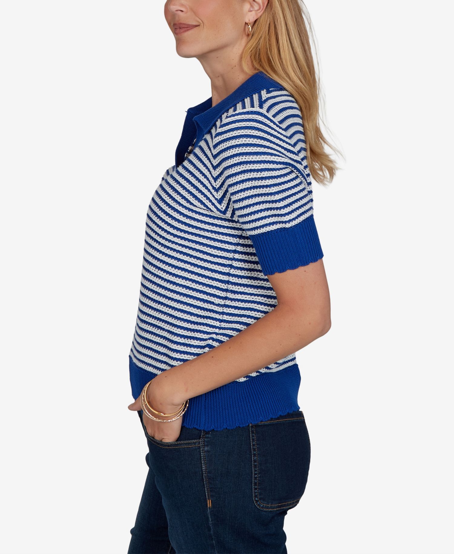 Petite Two-Tone Collared Elbow-Sleeve Sweater