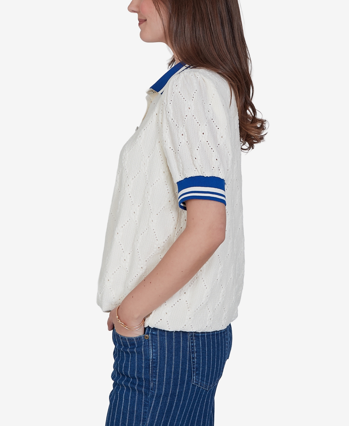 Ruby Rd. Petite Diamond Eyelet Bubble Hem Top In Ivory