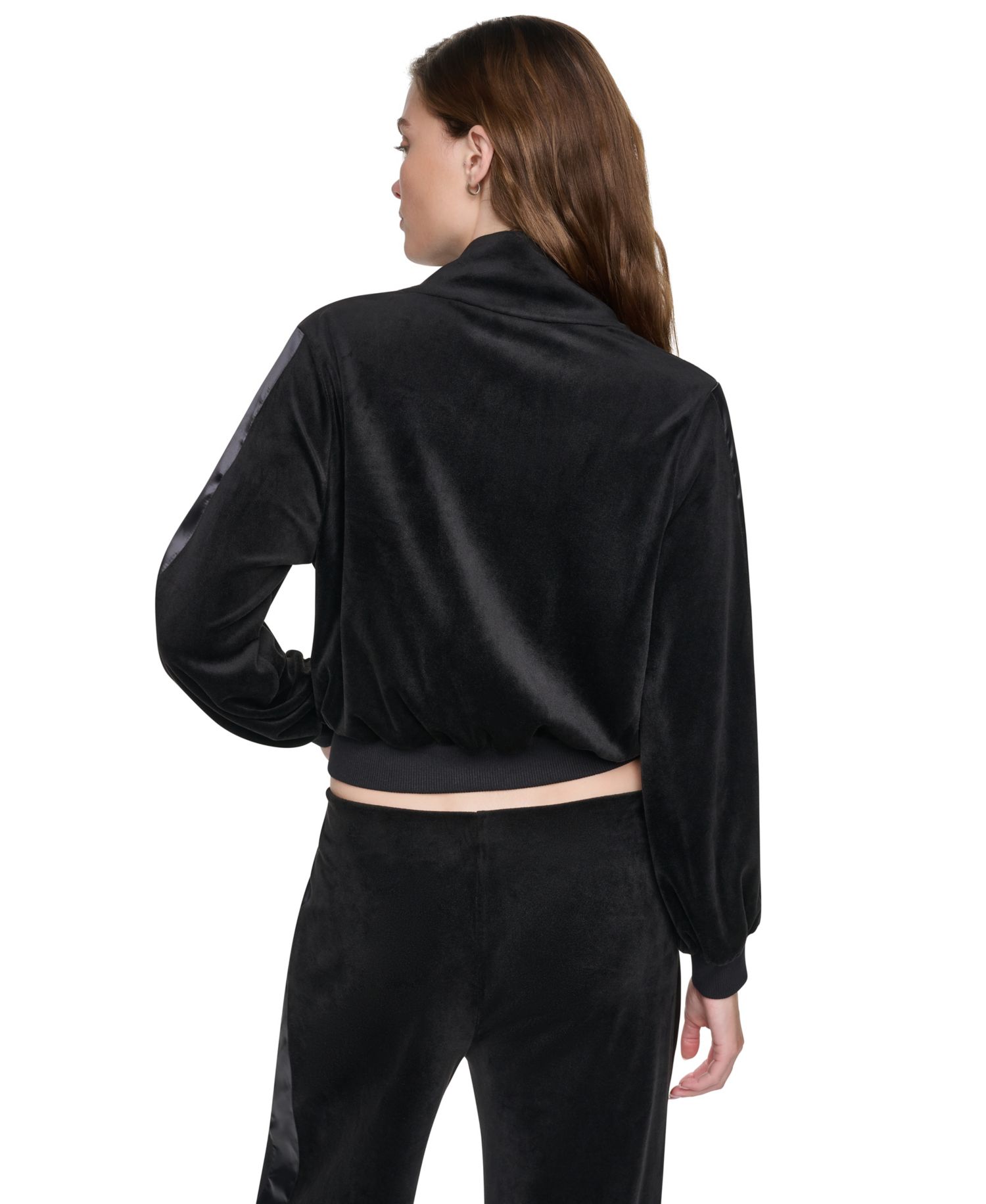Petite Velour and Satin Trim Mock-Neck Zip-Front Jacket