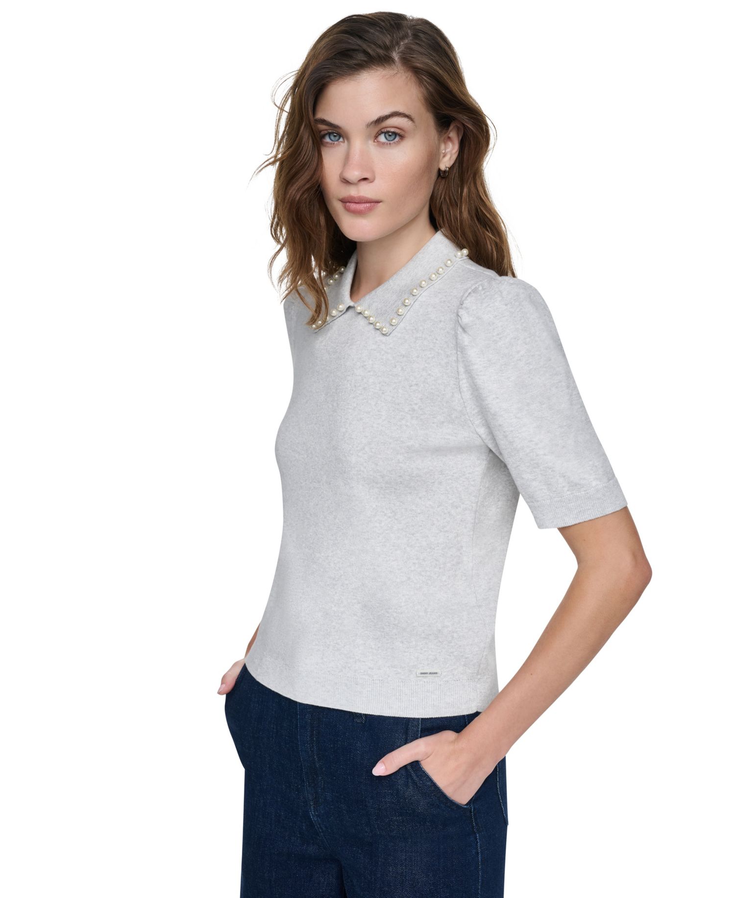 Petite Embellished Short-Puff-Sleeve Polo Sweater