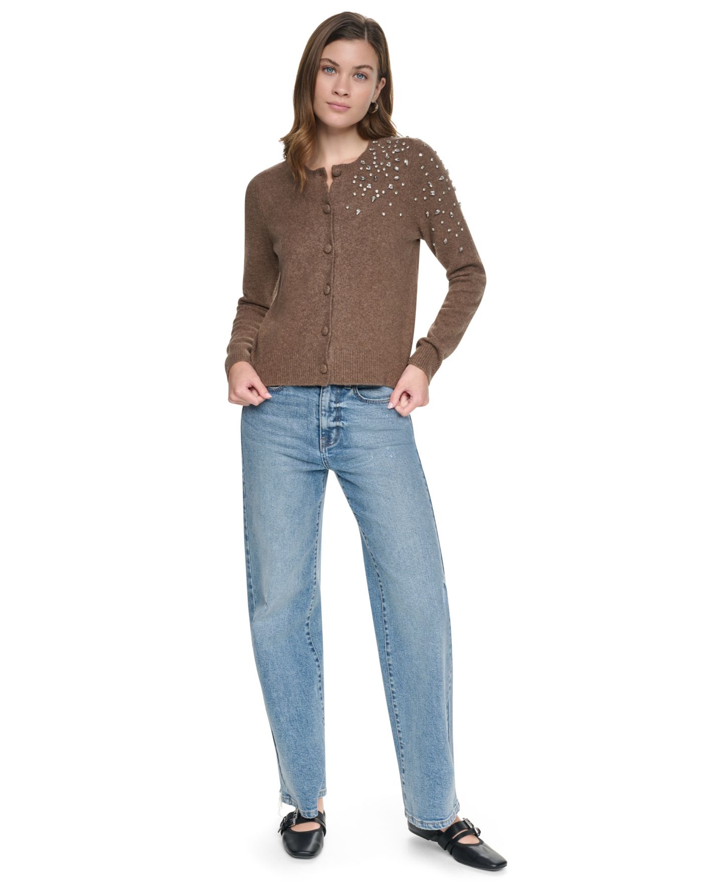 Женский кардиган DKNY Jeans Petite Embellished Button-Front, цвет: Карамельный меланжевый — фото 2