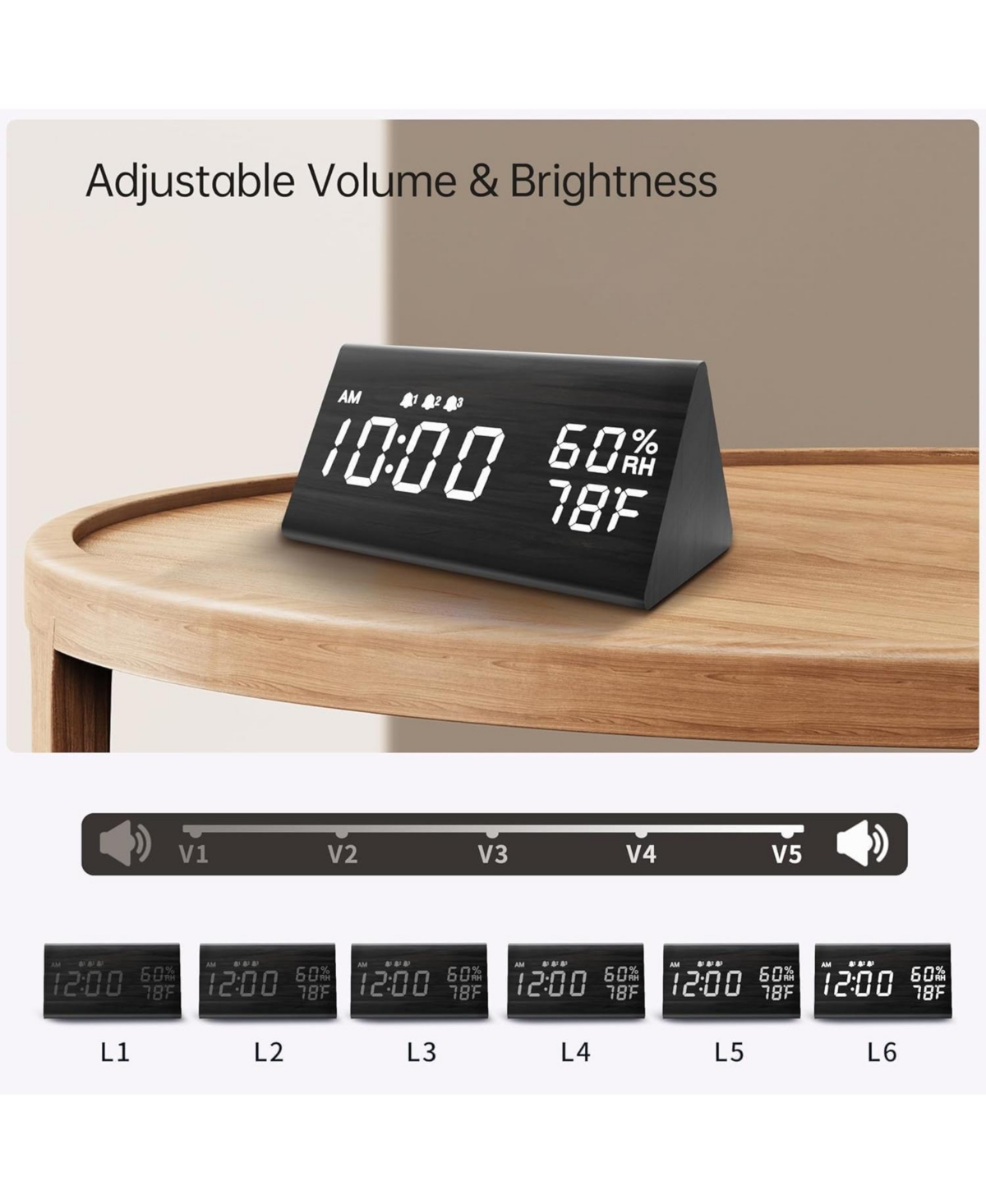 Jall Wooden Digital Alarm Clock 3 Alarms with Weekday Mode Humidity and Temperature Sensor Adjustable Brightness Usb to Barrel Cord No Batteries