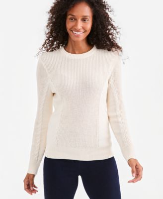 Petite Mixed Rib Cable-Knit Cotton Crewneck Pullover