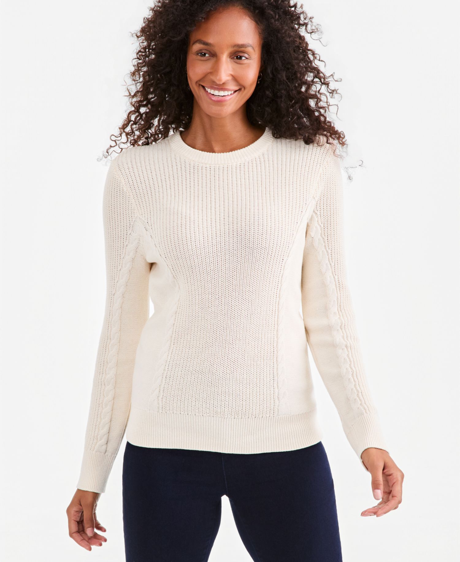 Petite Mixed Rib Cable-Knit Cotton Crewneck Pullover