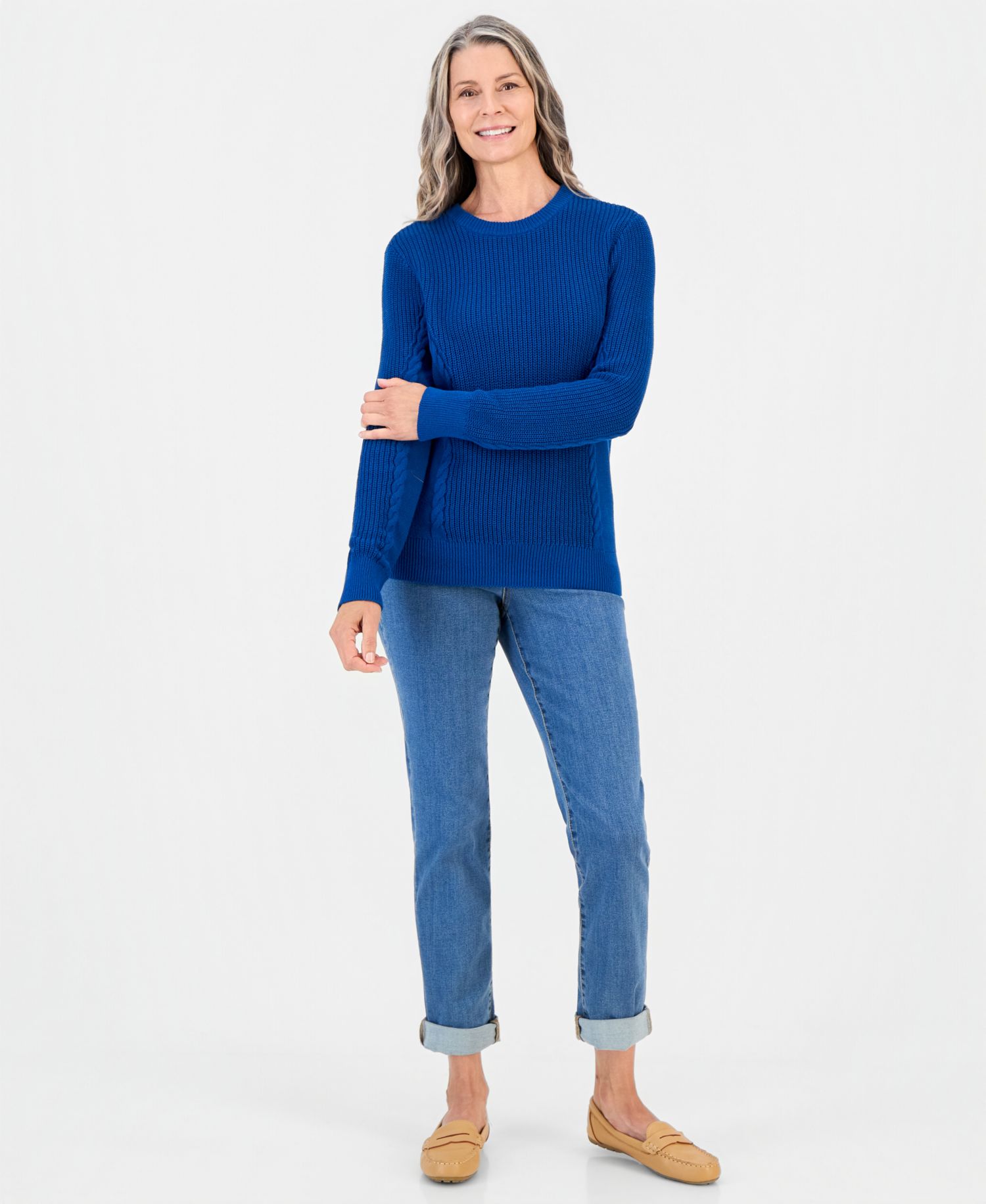 Petite Mixed Rib Cable-Knit Cotton Crewneck Pullover