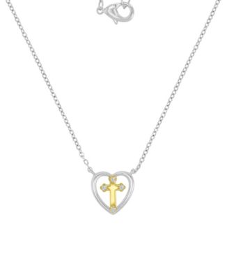 Two-Tone Heart Cross Pendant Necklace