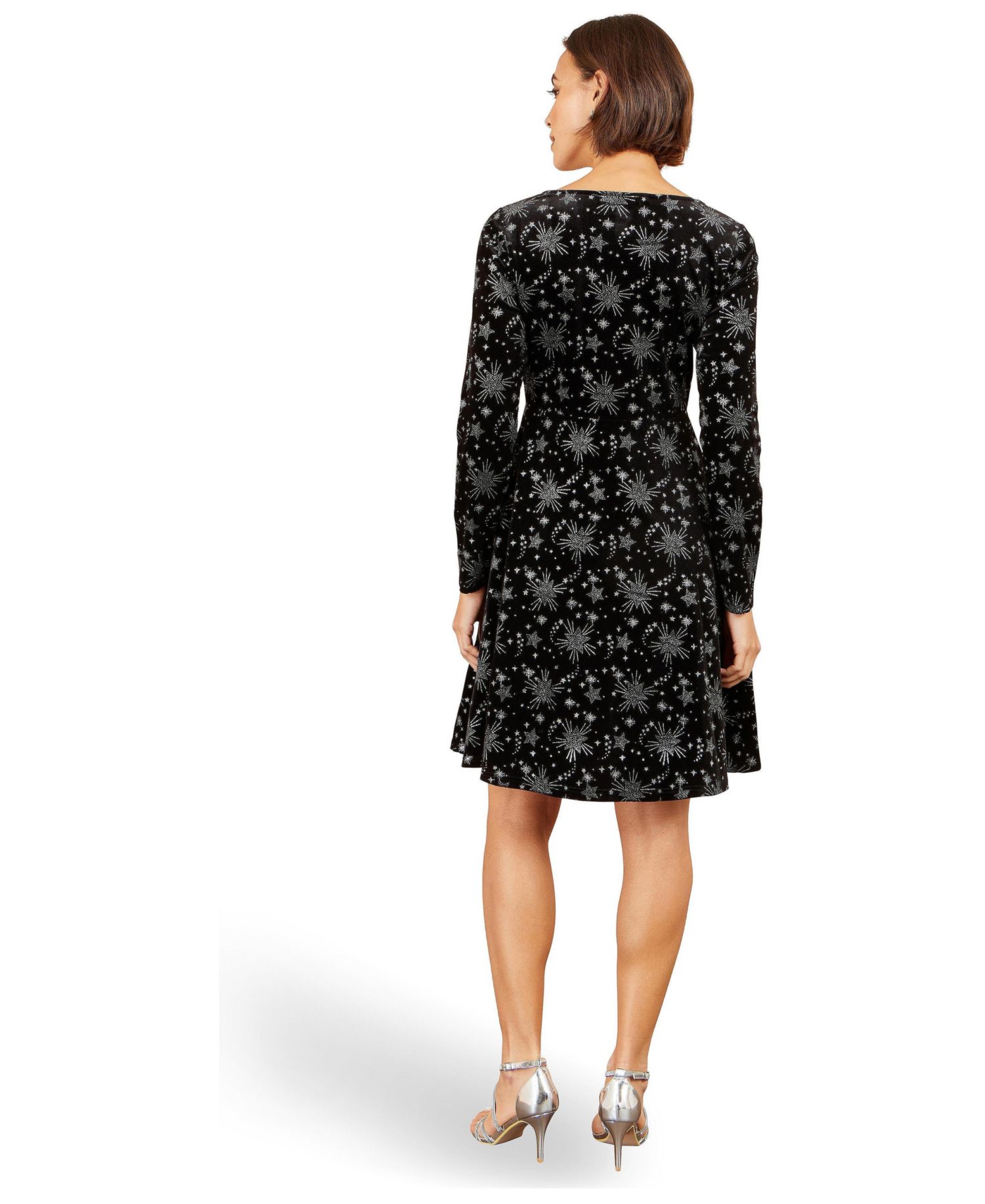 Women's Starburst Long-Sleeve Square-Neck Velvet Skater Dress