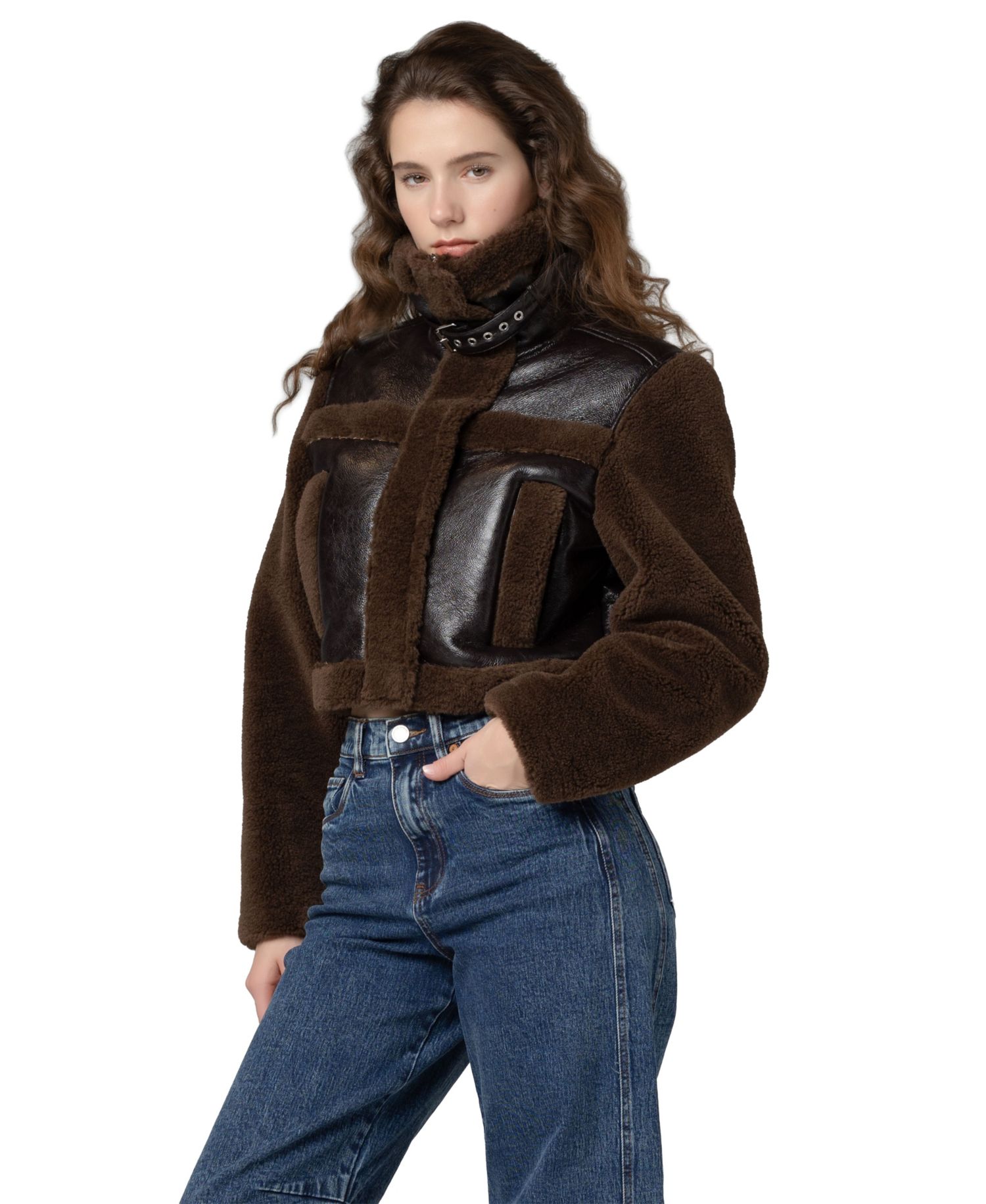 Women's Funnel Collar Cropped Sherpa Jacket