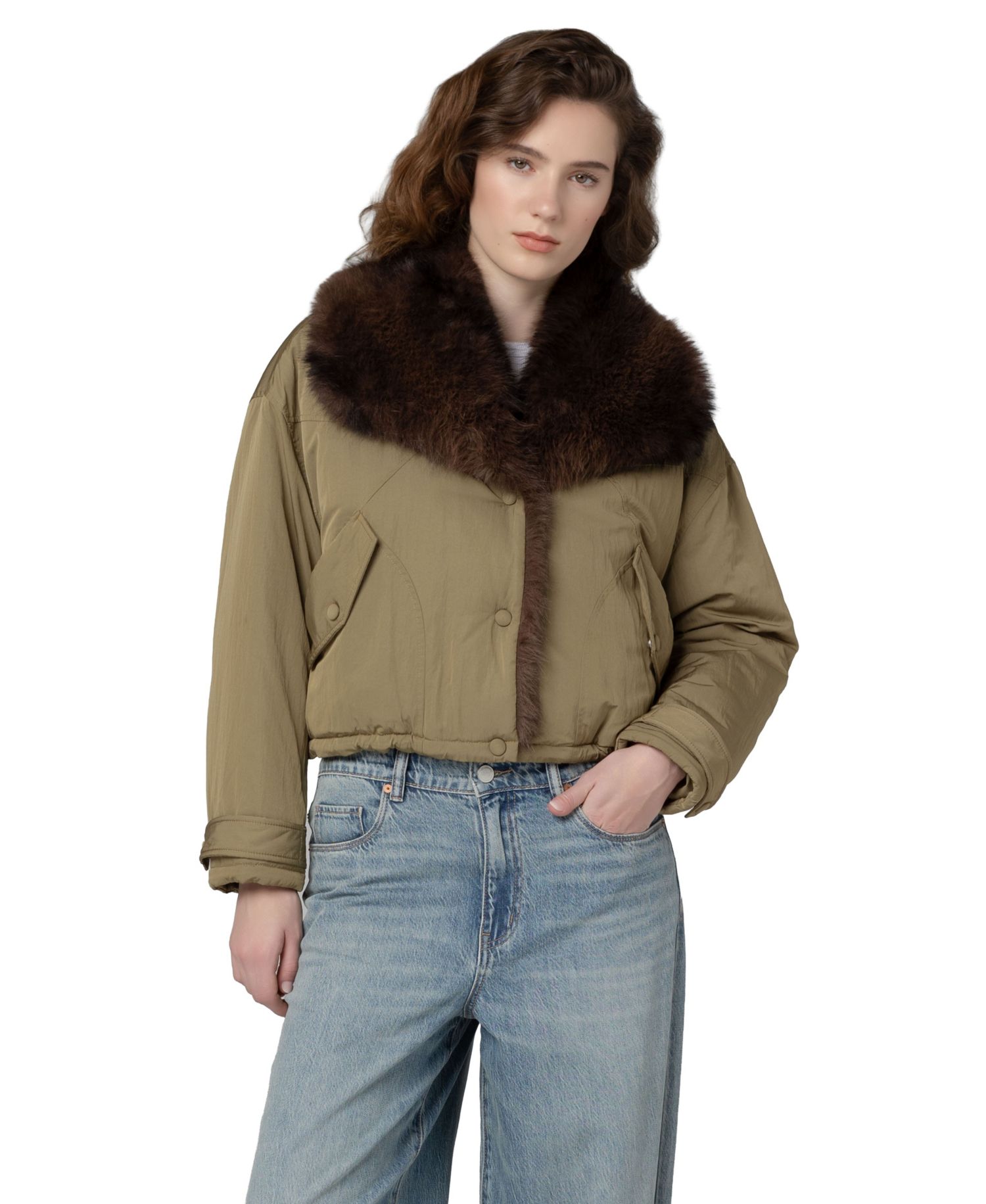 Women's Shawl Collar Faux-Fur Trim Cropped Jacket