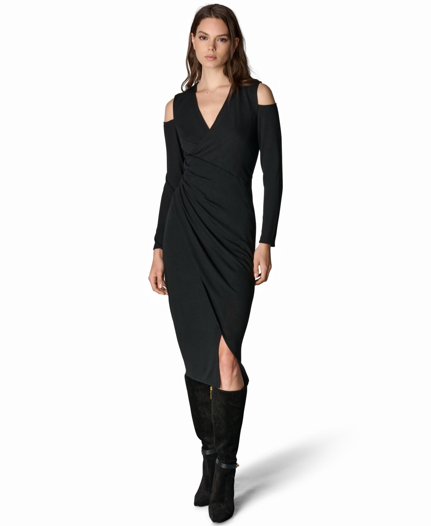Женское платье Donna Karan New York Cold-Shoulder Wrap V-Neck Midi, цвет: Чёрный — фото 2