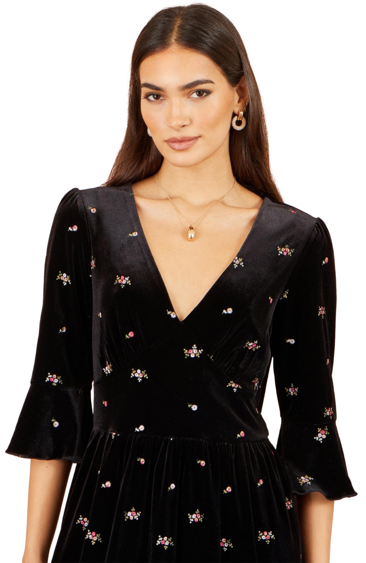 Yumi Women's Velvet Embroidered V-Neck Midi Dress