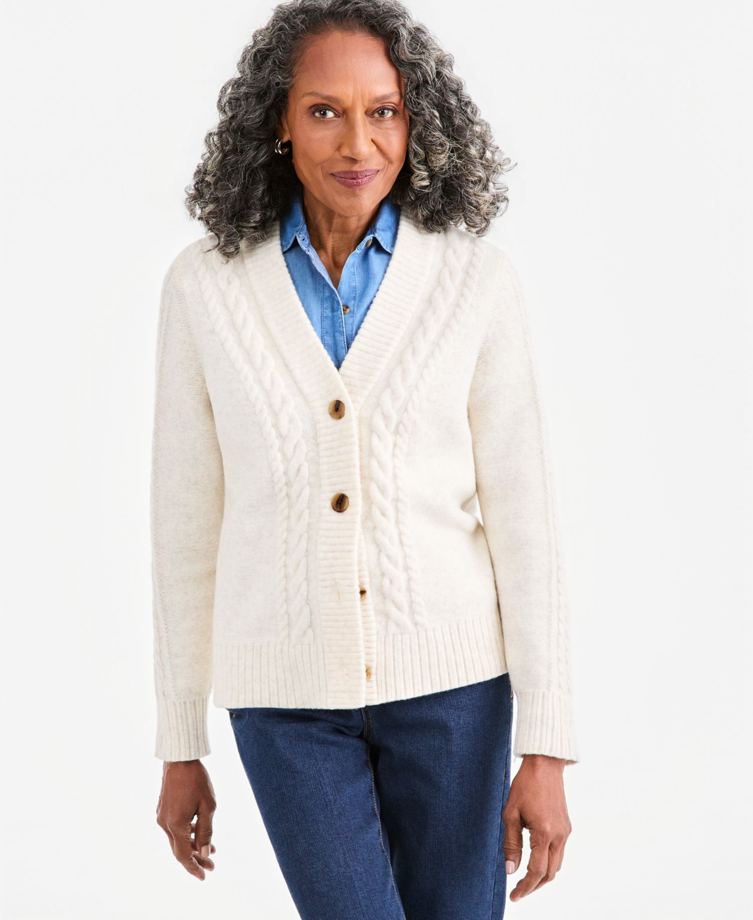 Women's Cable-Knit V-Neck Boyfriend Cardigan
