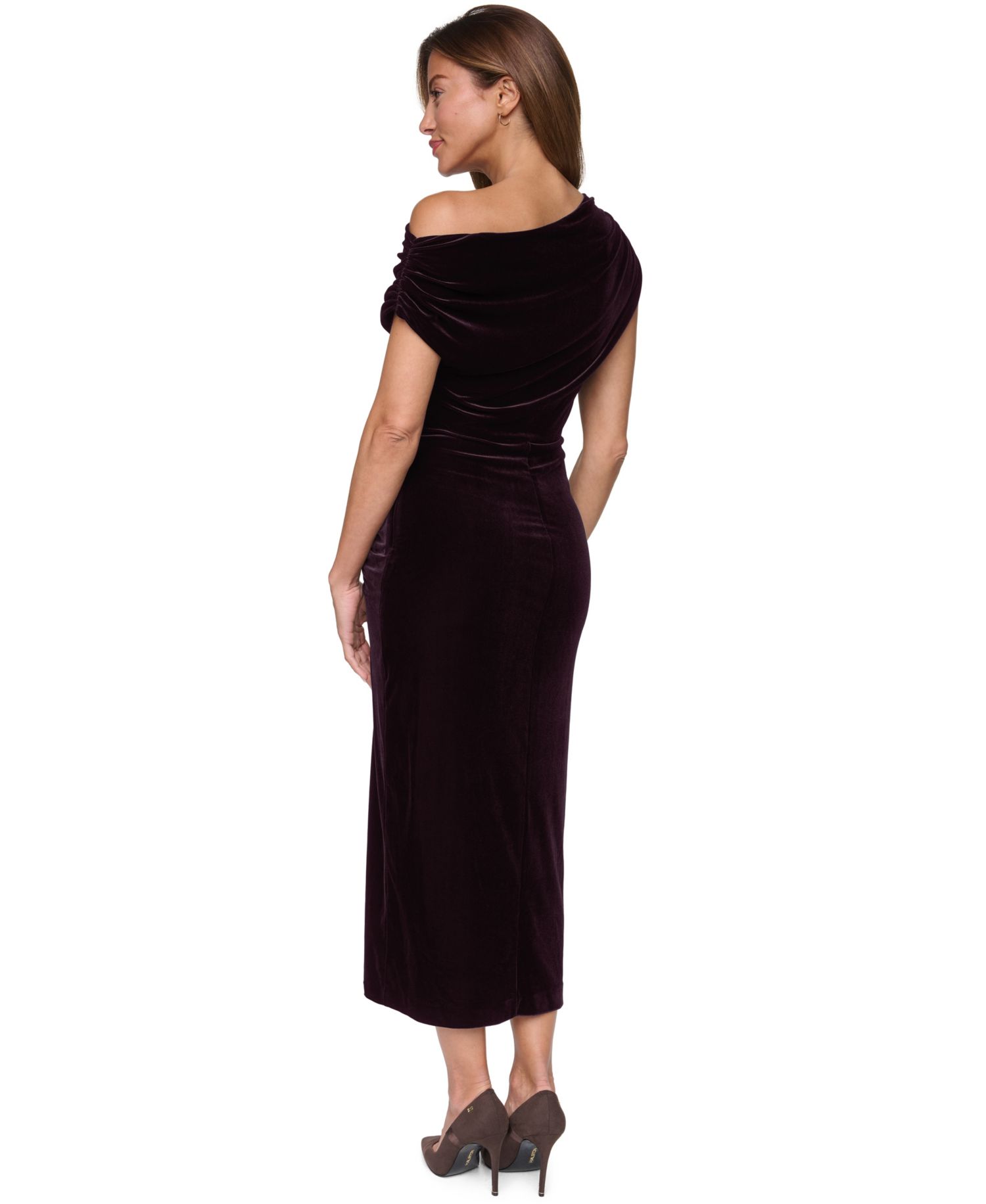 Women's Velvet Asymmetric Neck Shirred Midi Dress