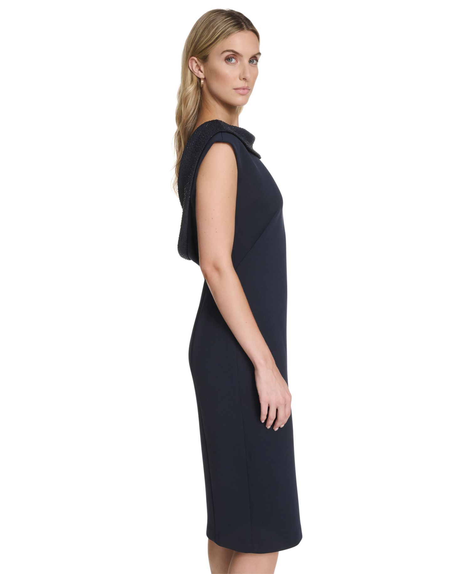 Women's Boat Neck Cowl Back Rhinestone-Embellished Sheath Dress