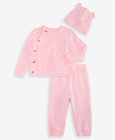 Комплекты First Impressions Long-Sleeve Cable-Knit Sweater, Pants, and Hat, 3-Piece Set для девочек-малышей, цвет: Розовый