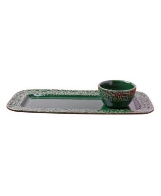 Green Holly Platter & Tidbit Bowl Set