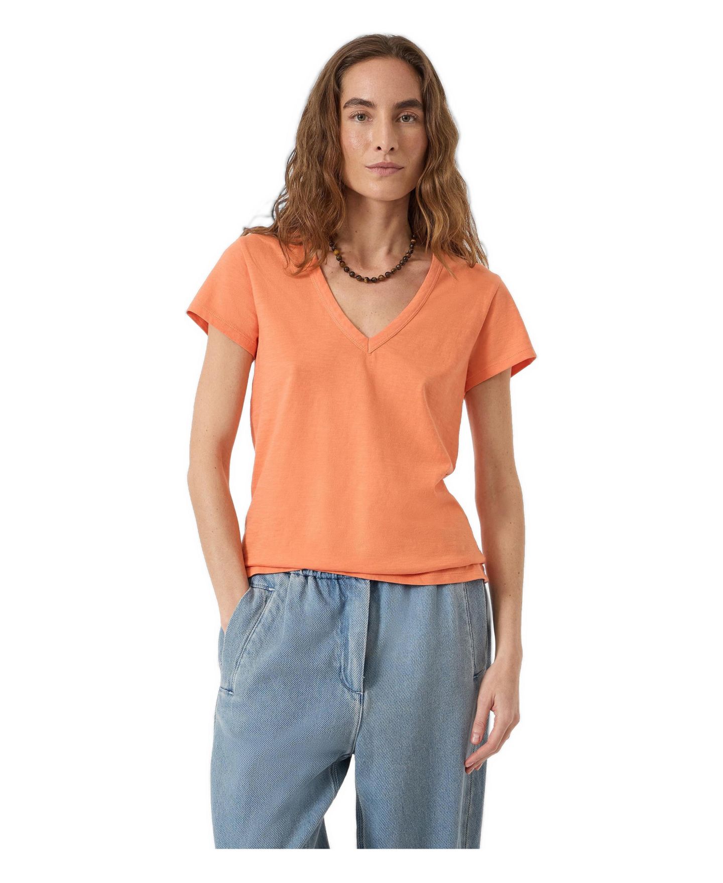 Женская футболка Hush Slim-Fit V-Neck Slub-Cotton, цвет: Пыльный оранжевый — фото 1