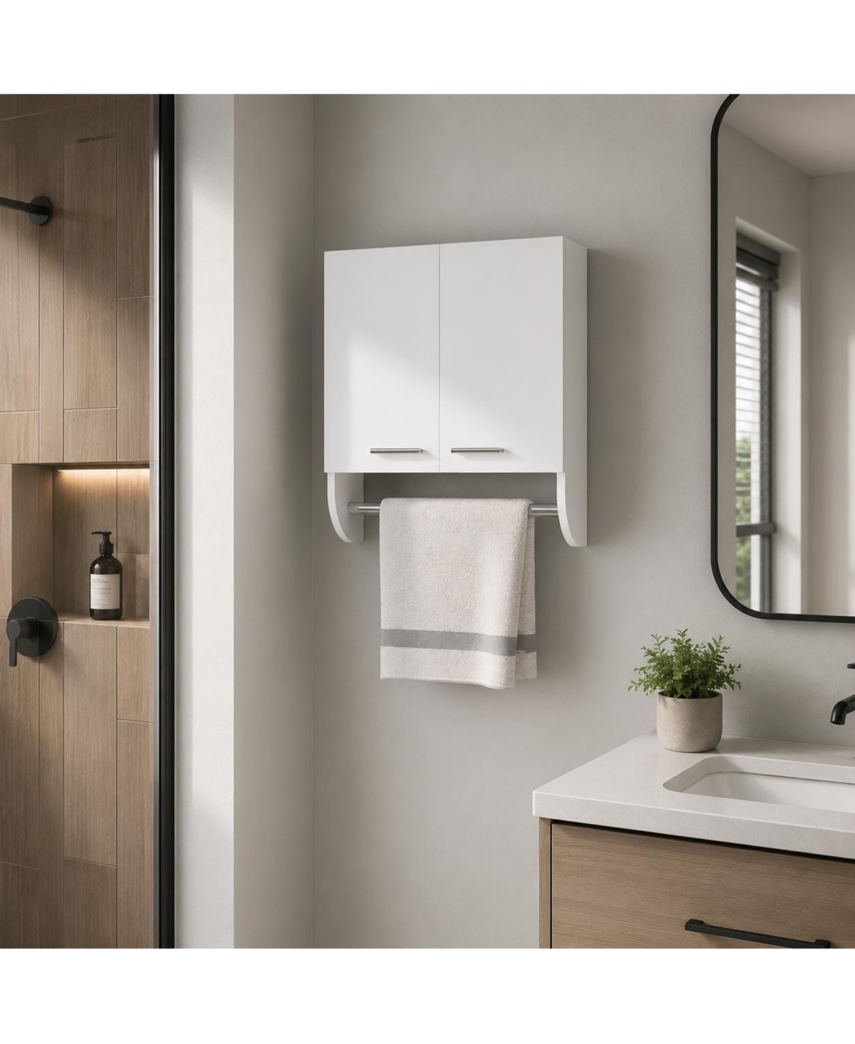 Phying Wall Mounted Bathroom Medicine Cabinet Wood Storage Cabinet with Double Doors Built in Towel Rod