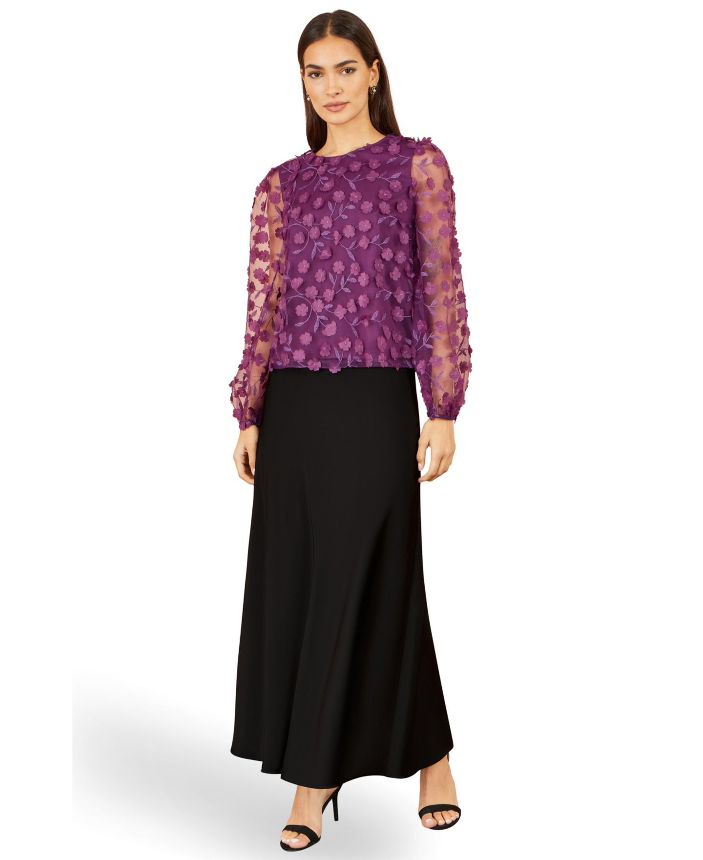 Женская блузка Yumi Floral Applique Sheer Long-Sleeve, цвет: Сливовый — фото 2