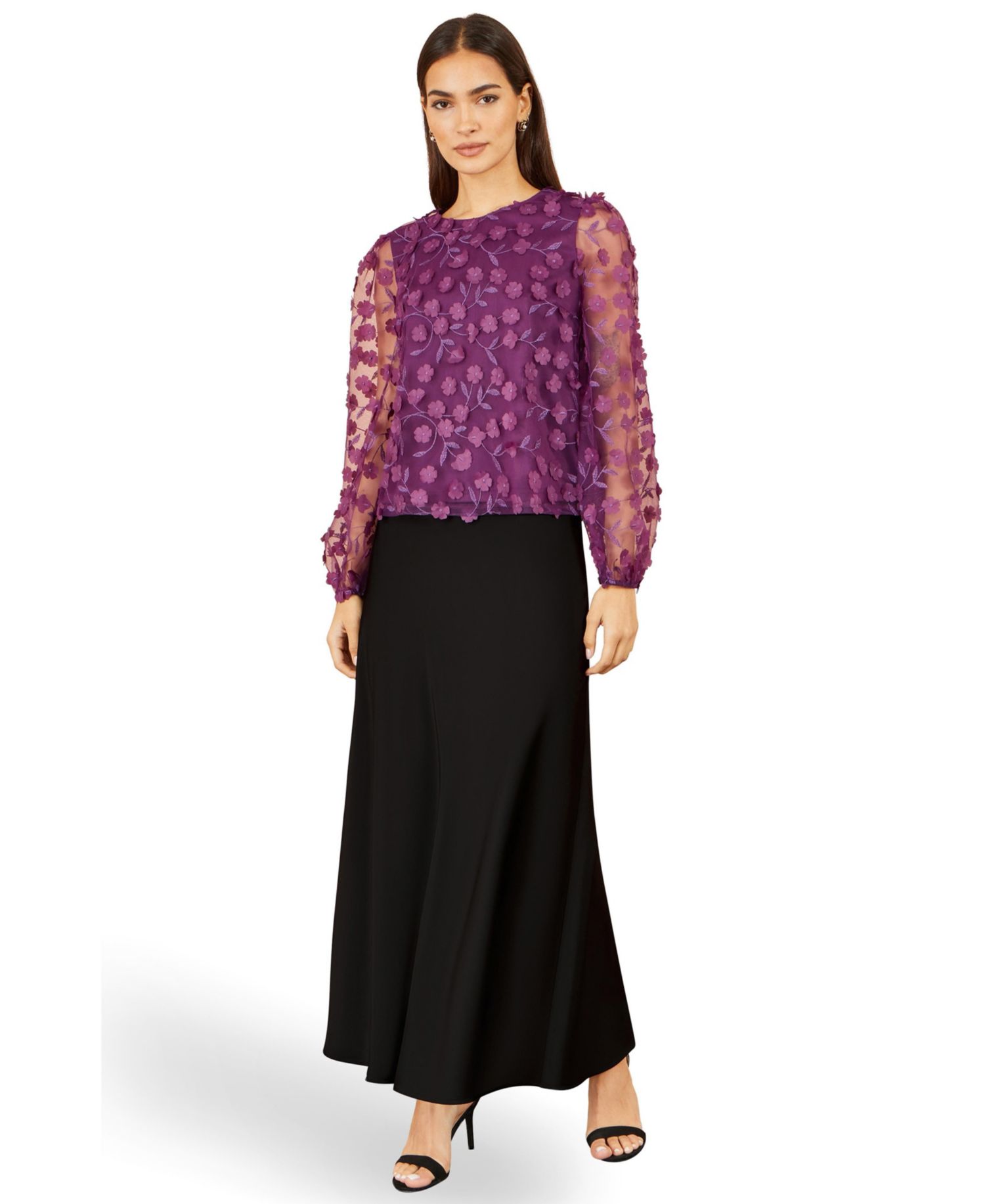 Women's Floral Applique Sheer Long-Sleeve Blouse