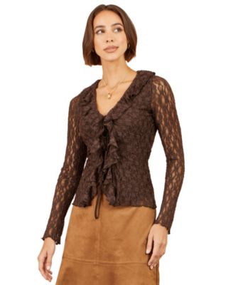 Women's Sheer Long Sleeve Ruffle Lace Top