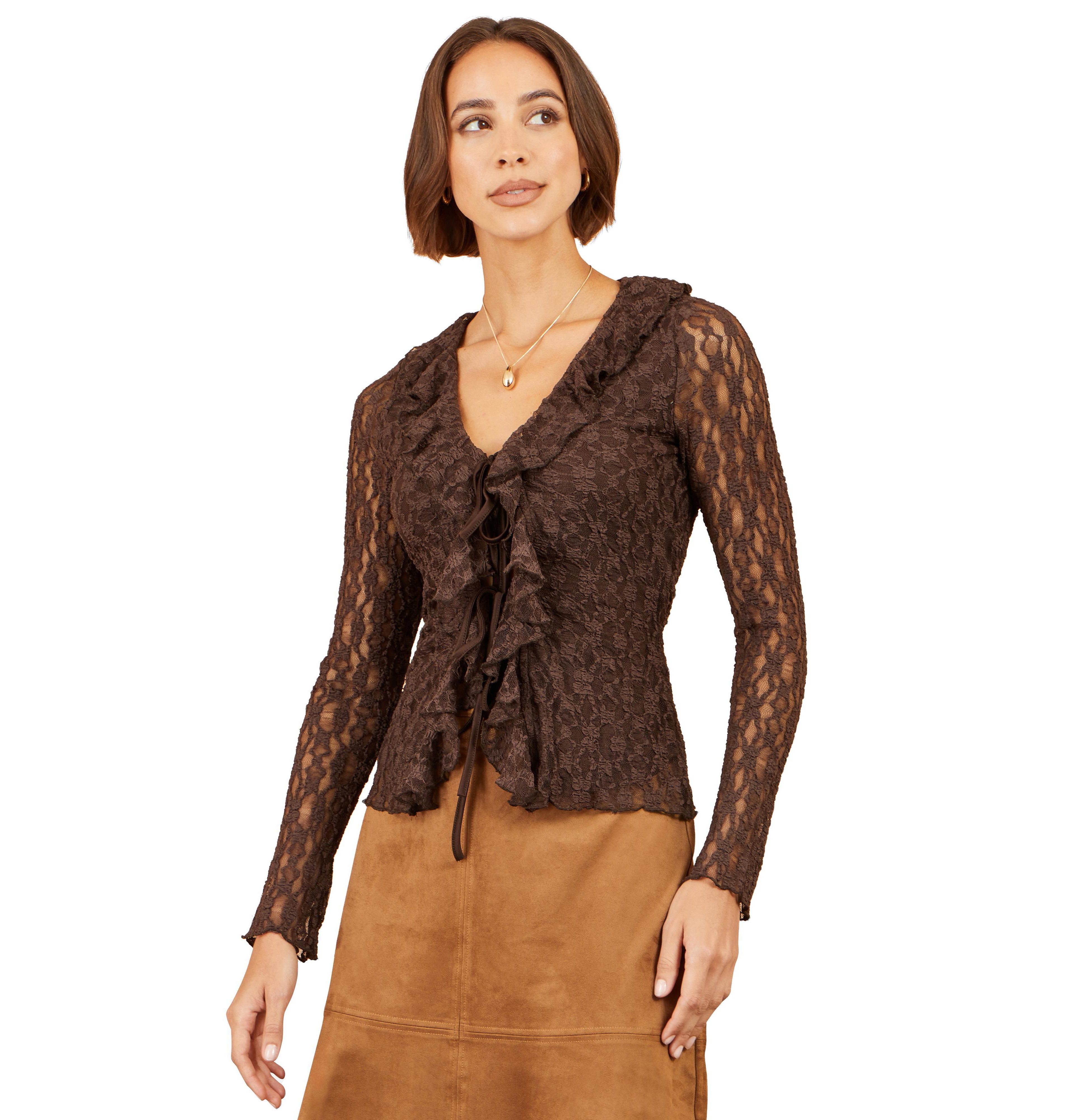 Yumi Women's Sheer Long Sleeve Ruffle Lace Top