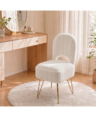 Vanity Stool with Backrest – Modern Teddy Fleece Ottoman with Hidden Storage, Large Square Bench, 280 lbs Capacity, Folding Backrest