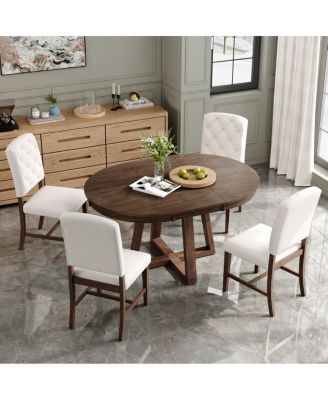  5-Piece Retro Dining Set: Round Table with 16'' Leaf and 4 Upholstered Chairs