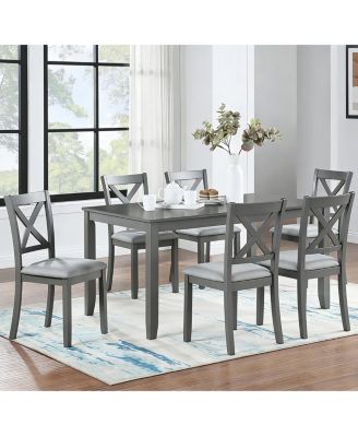 7-Piece Solid Wood Dining Set, 58.5 inch Table, 6 Padded Chairs