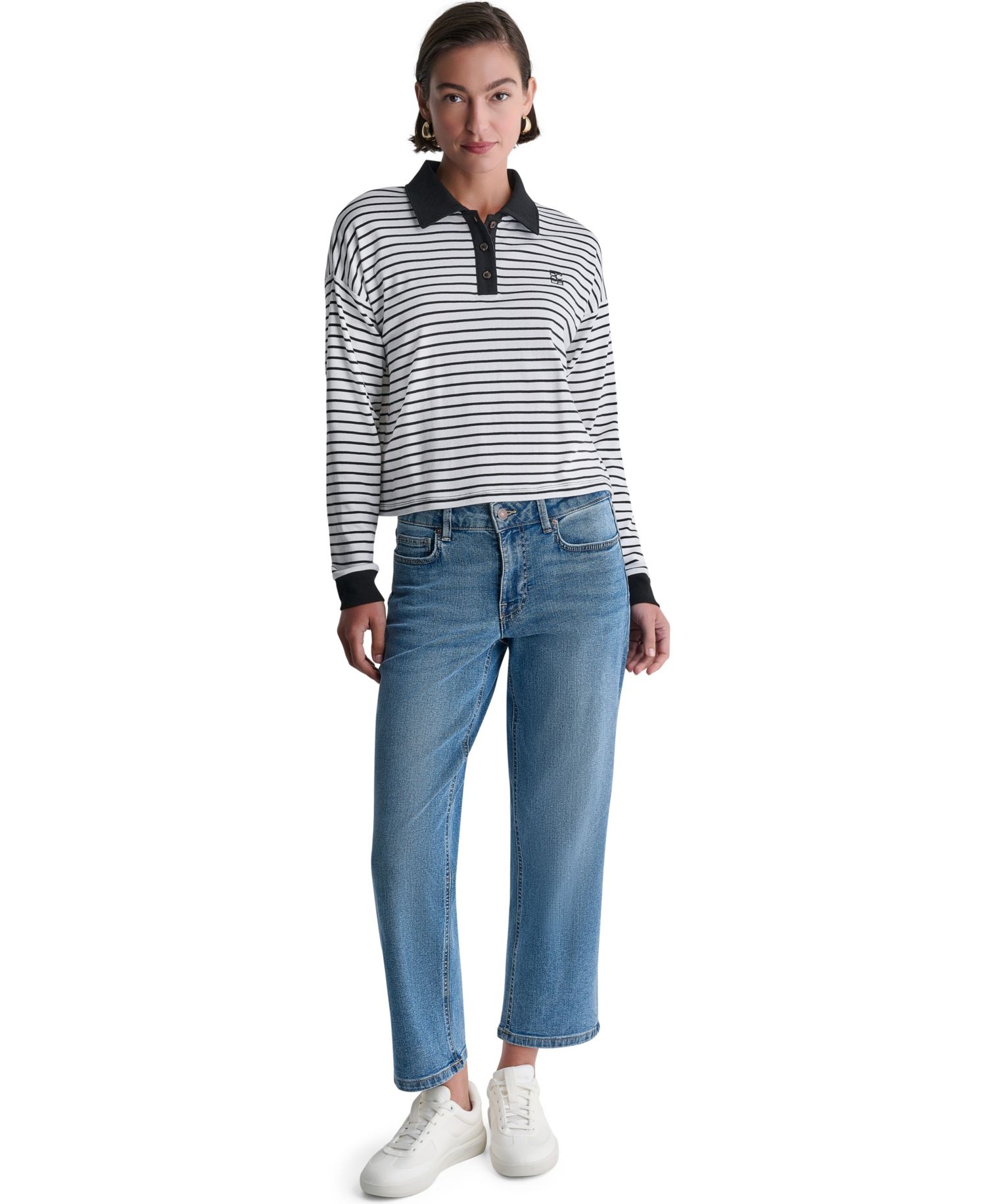Women's Striped Collared Long-Sleeve Polo Top