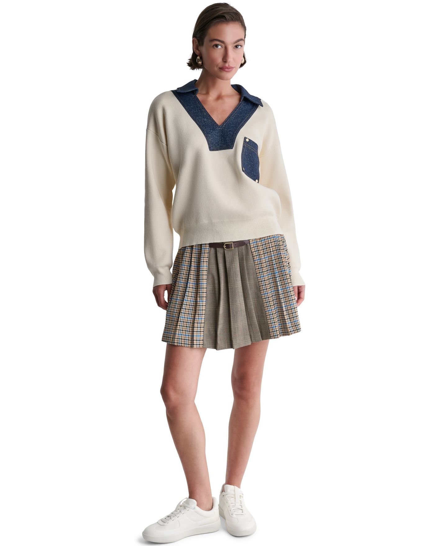 Женский свитер BCBG Denim Trim Oversized Collared V-Neck, цвет: Джинсовый — фото 2