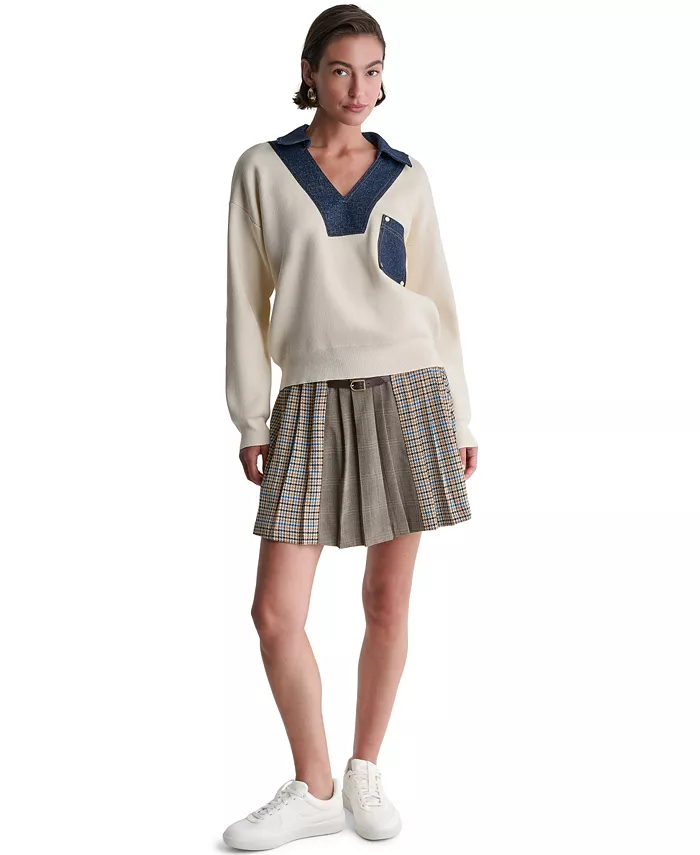 Women's Denim Trim Oversized Collared V-Neck Sweater - thumbnail 2