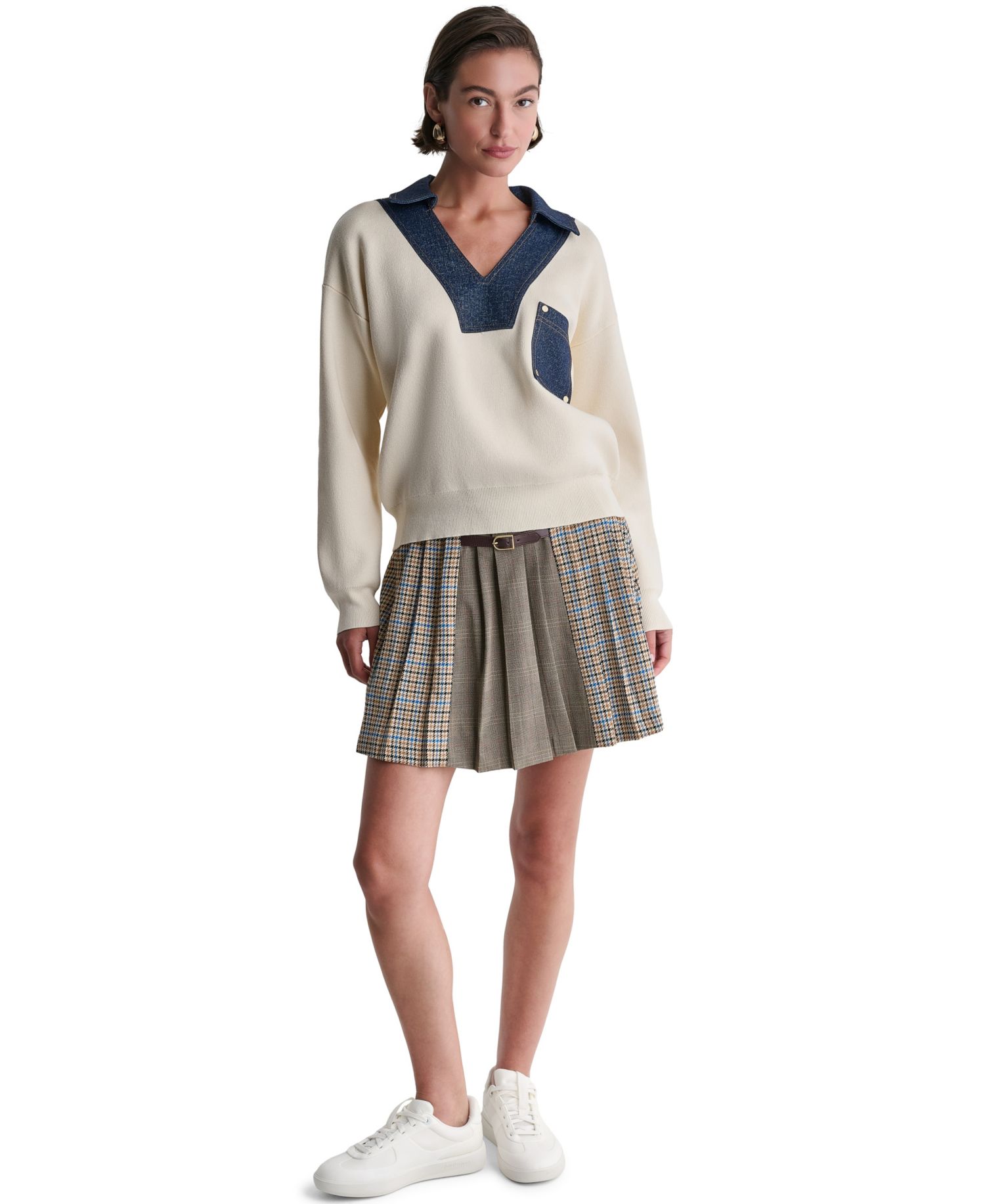 Women's Denim Trim Oversized Collared V-Neck Sweater
