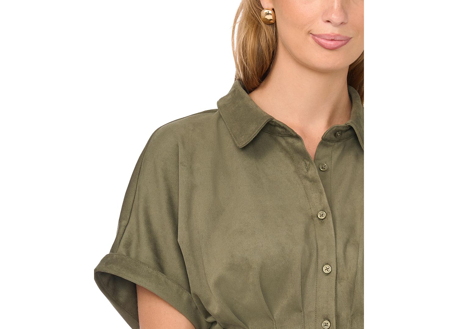 Women's Collared Short-Dolman-Sleeve Pleated-Waist Blouse