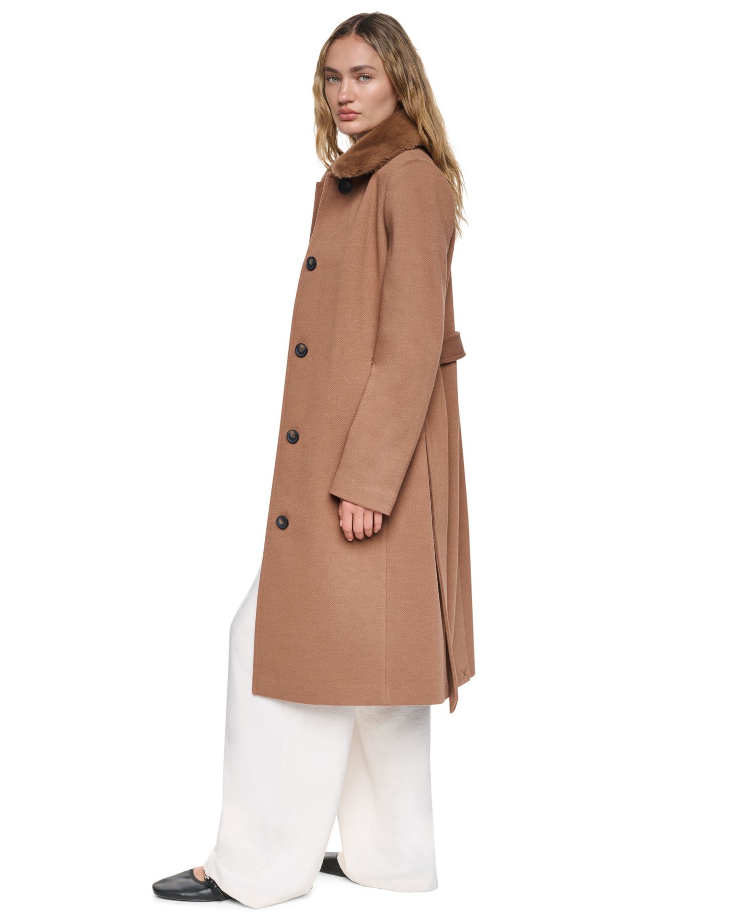 Women's Faux-Fur Collar Belted Single-Breasted Coat