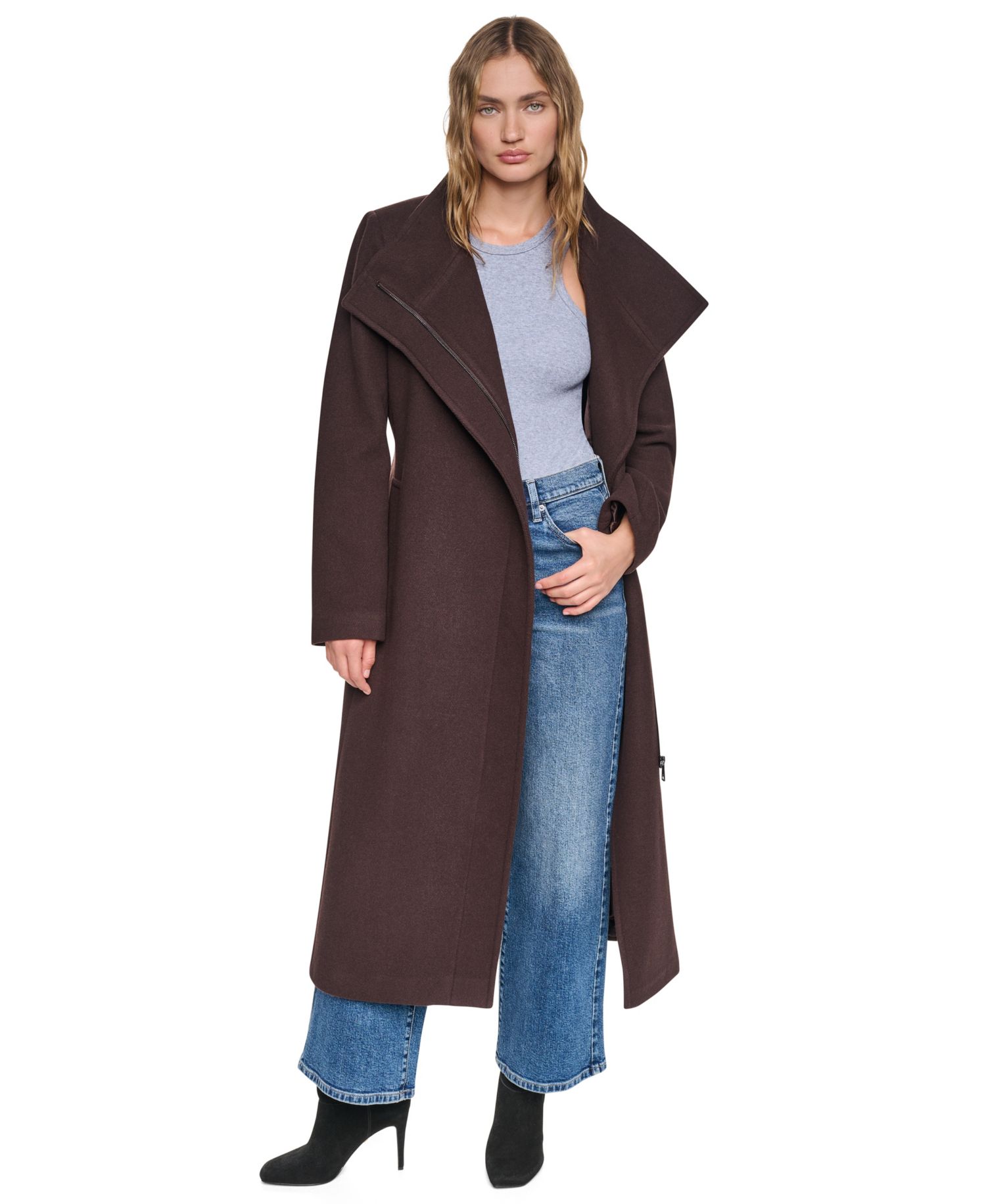 Women's Stand-Collar Belted Maxi Wrap Coat