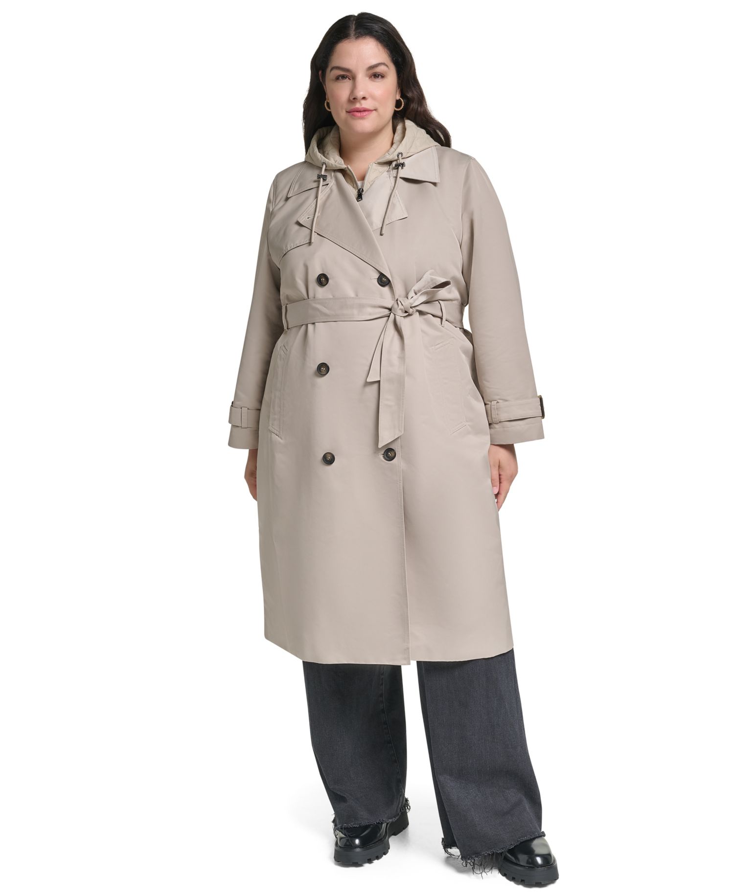 Plus Size Hooded Double-Breasted Belted Coat