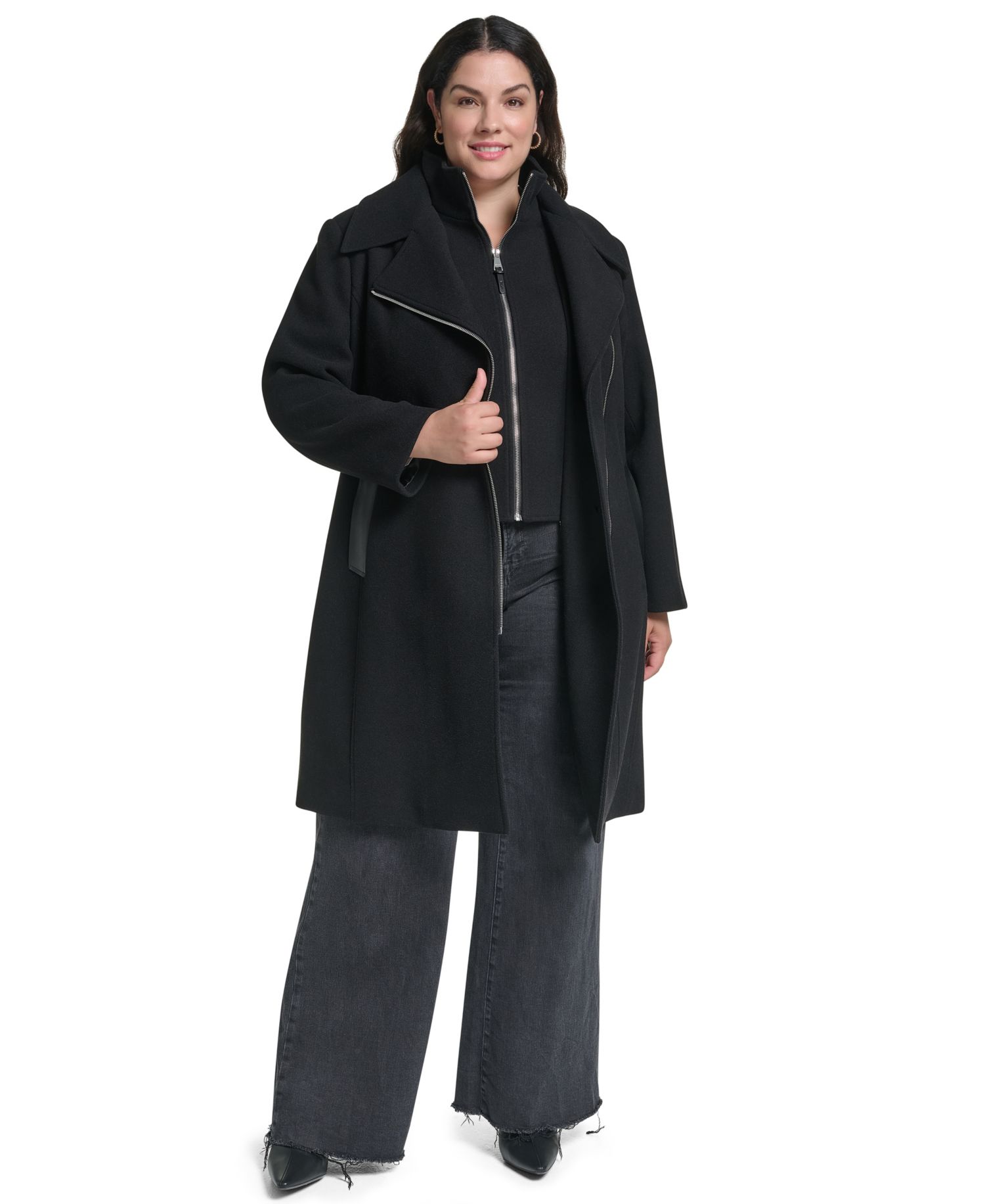 Plus Size Wool-Blend Belted Wrap Coat with Bib