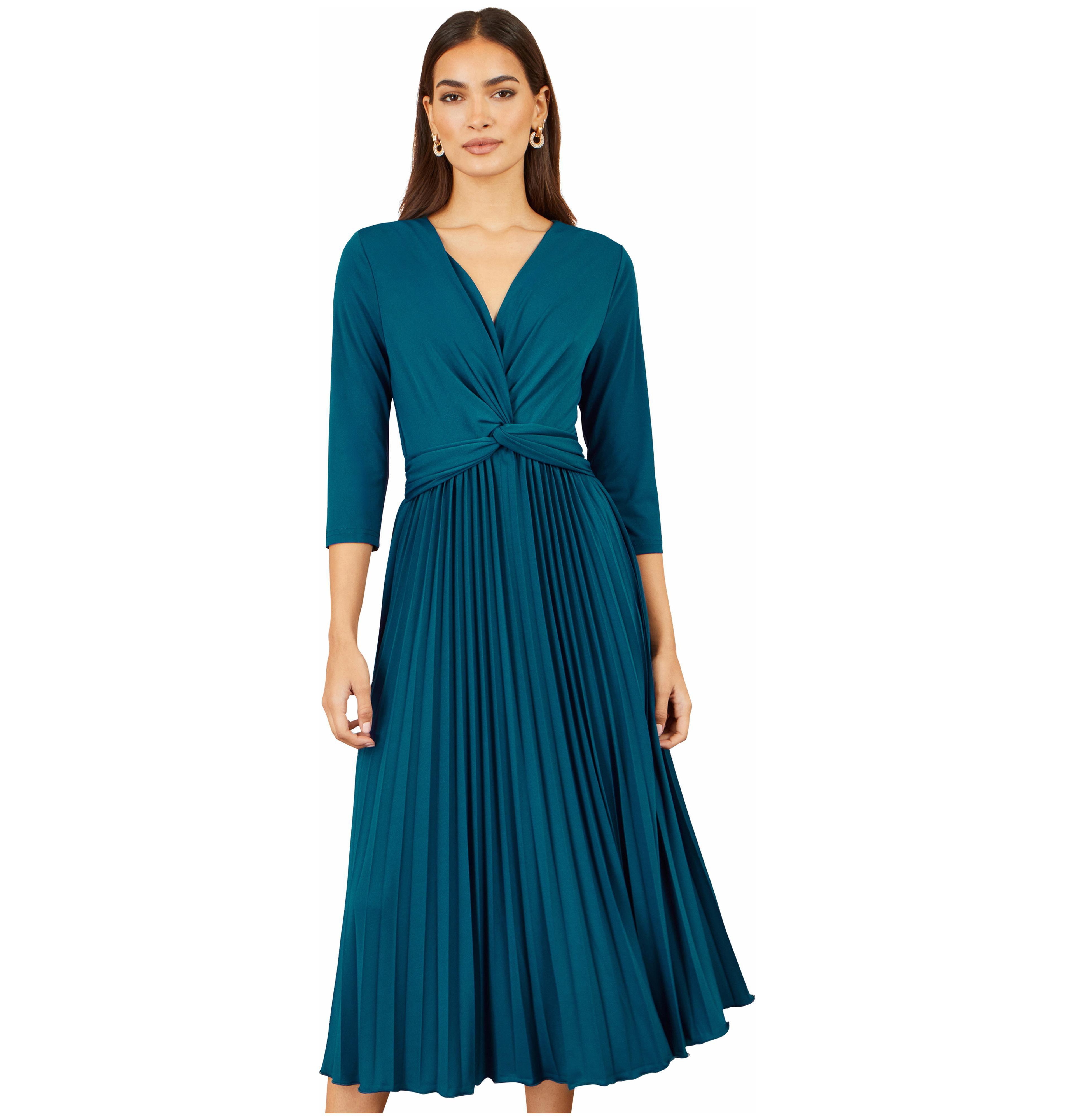 Yumi Women's V-Neck 3/4 Sleeve Pleated Midi Dress