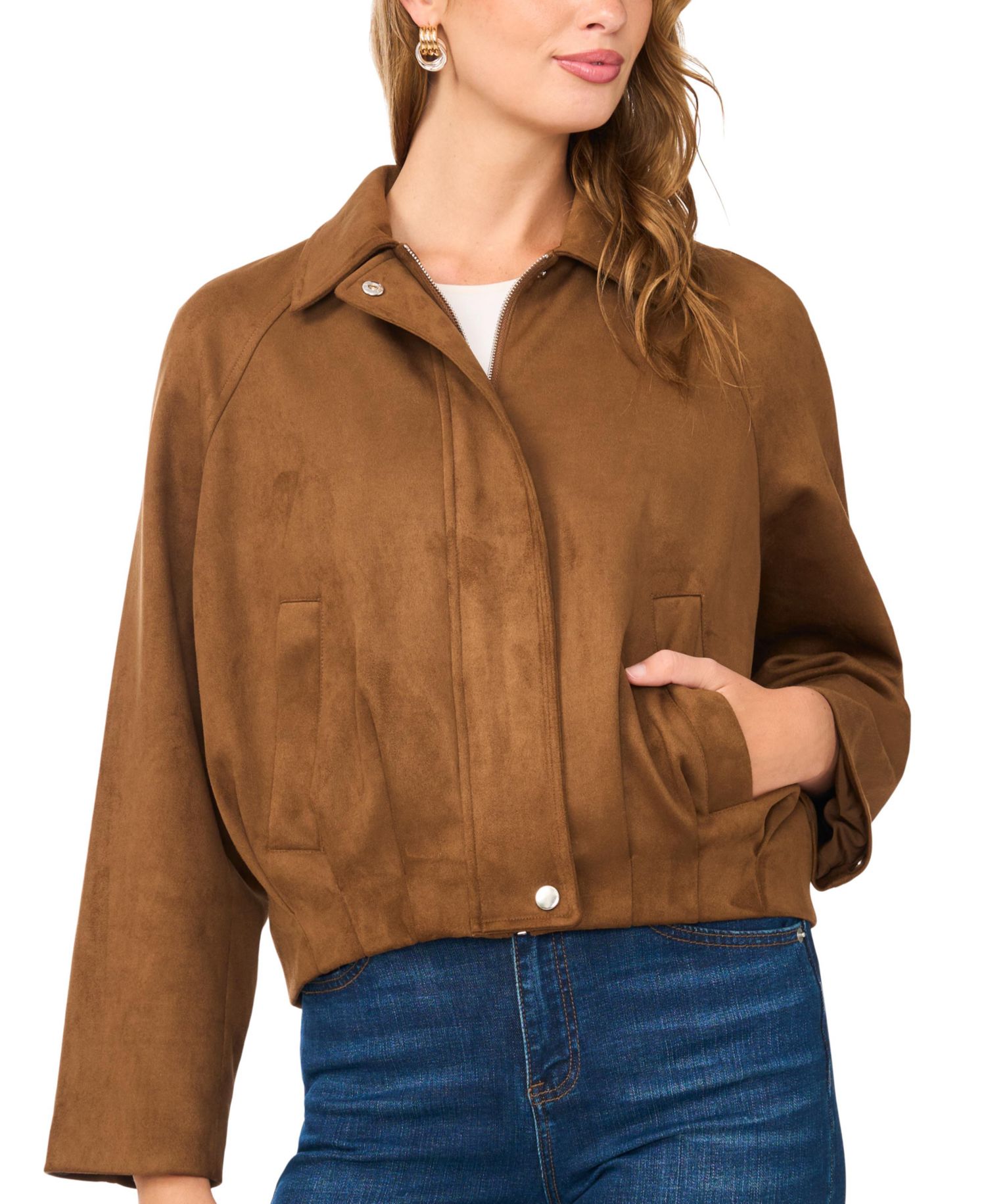 Women's Raglan-Sleeve Faux-Suede Bomber Jacket